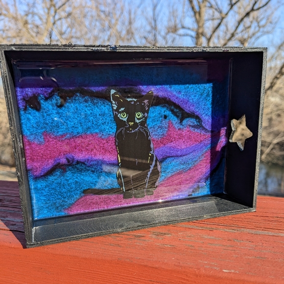 Artisan Other - Black Cat Galaxy Wood Tray Handmade Stars Black Purple Blue Unique Art Resin